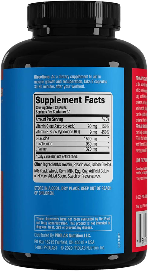 PROLAB BCAA PLUS, Branched Chain Amino Acid Capsules, 180-Count