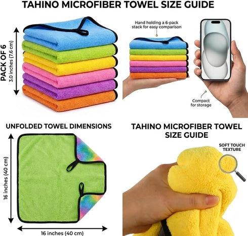 TAHINO 16x16 Inch, Pack, Pack 6 Microfiber Cleaning Towels, Multi-Color Ultra Absorbent, Car & Household Use