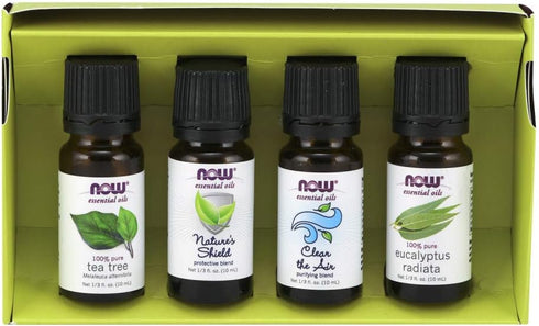 NOW Essential Oils Seasonal Changes Aromatherapy Kit, 4x10ml with Tea Tree, Eucalyptus, Clear the Air, Nature’s Shield