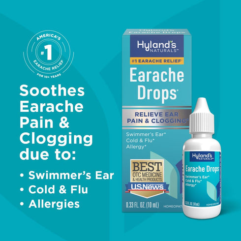 Hyland's Naturals Earache Drops, Natural Relief of Swimmer's Ear, Cold & Flu, Allergy Symptoms, Ages 4 & up, Day & Night, 0.33 Fl Oz
