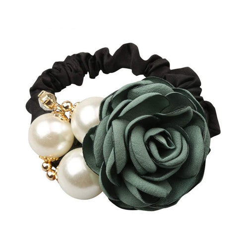 LOVEF 4Pcs Korean Fashion Pearl Hair Rope, Rose Flower Rhinestone Hair Ties