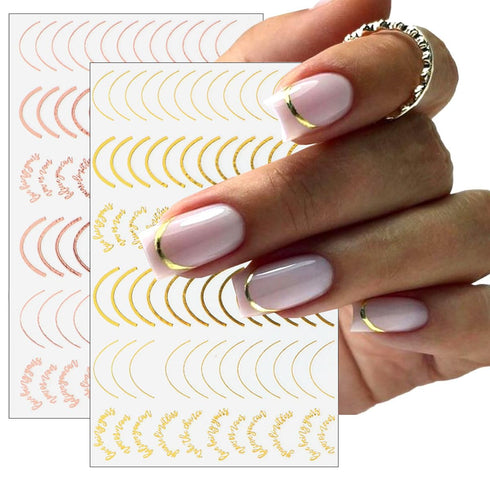 Line Nail Art Stickers, 3D Curved Lines Decals, Gold Silver Black Adhesive Tapes for French Nail Design, 8 Sheets