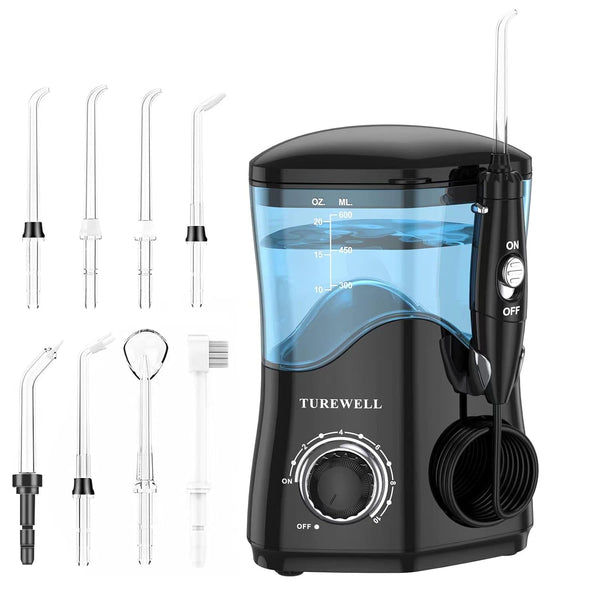 TUREWELL Water Dental Flosser for Teeth/Braces, 8 Jet Tips, 10 Pressure Levels, 600ML Oral Irrigator (Black)