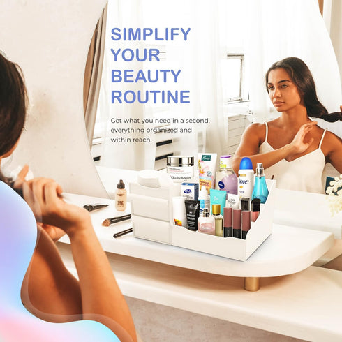 Mantello White Makeup Organizer for Vanity, Cosmetic Organizer for Toiletries and Makeup, Storage for Vanity