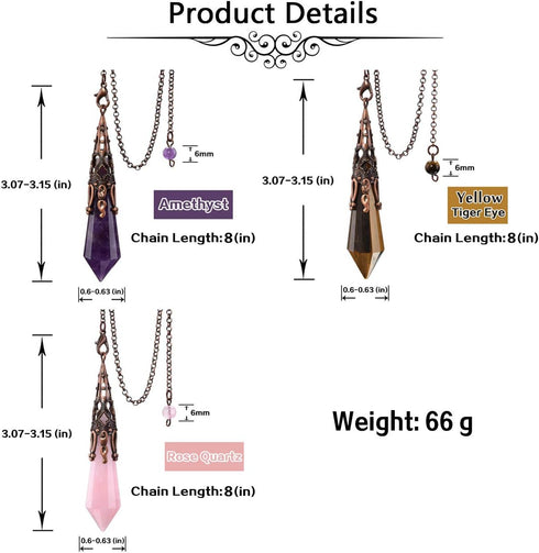 Jovivi 3pcs Natural Amethyst Rose Quartz Crystal - 12 Faceted Therapy Healing Dowsing Pendulum with Chain