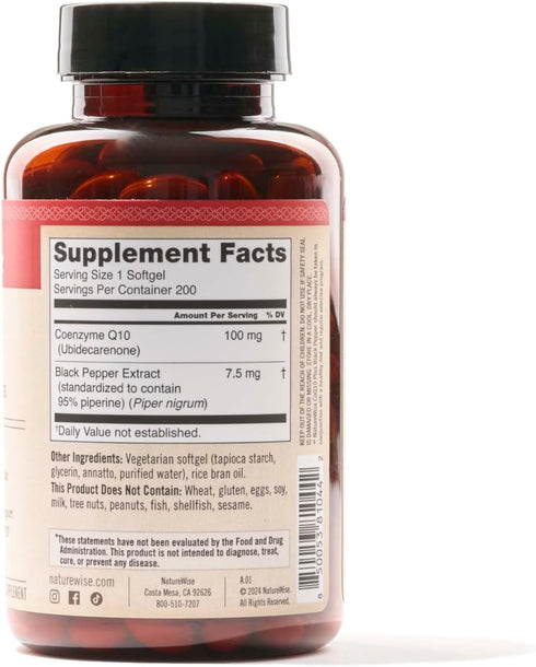 NatureWise CoQ10 100mg Softgels - High Absorption Coenzyme Q10 with BioPerine for Heart Health, 200 Softgels (200-Day
