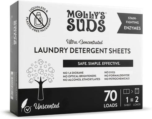 Molly’s Suds Laundry Detergent Sheets, Unscented, 70 Loads, Gentle on Sensitive Skin, Liquidless & Plastic-Free
