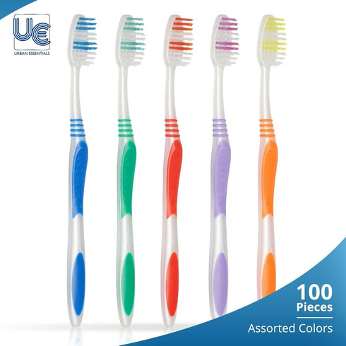 Urban Essentials Bulk Toothbrush Package with Covers | Premium Quality Individually Wrapped Colorful Tooth Brush Pack | Extra Soft Toothbrush Having Hygienic Cap with Ergonomic Handle (100 Pack)