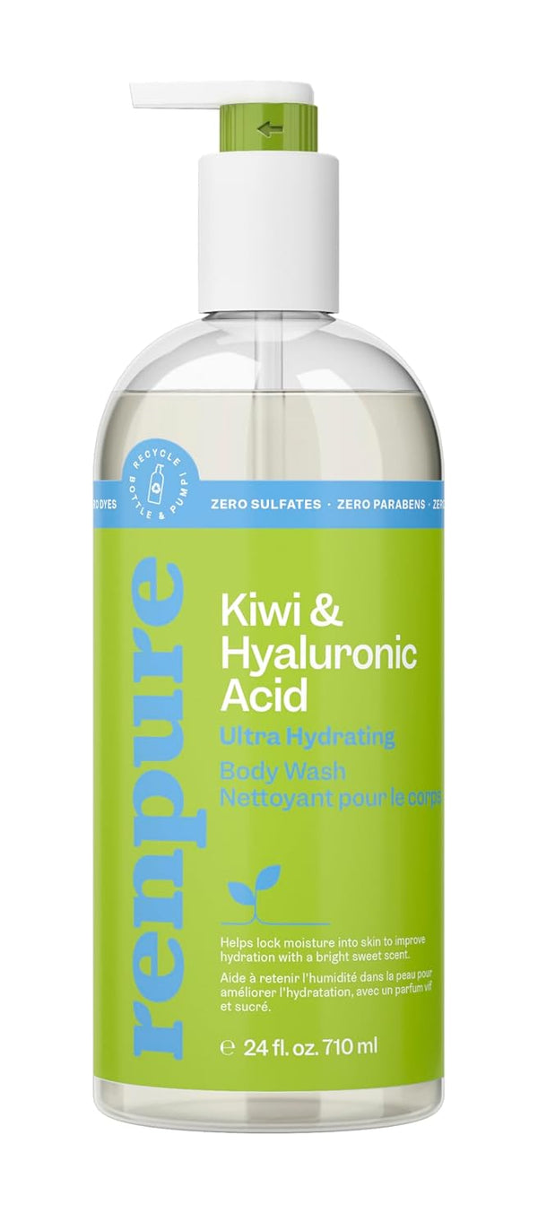 Renpure Kiwi and Hyaluronic Acid Ultra Hydrating Body Wash, 24 fl oz - Gentle Formula, Dye and Paraben Free