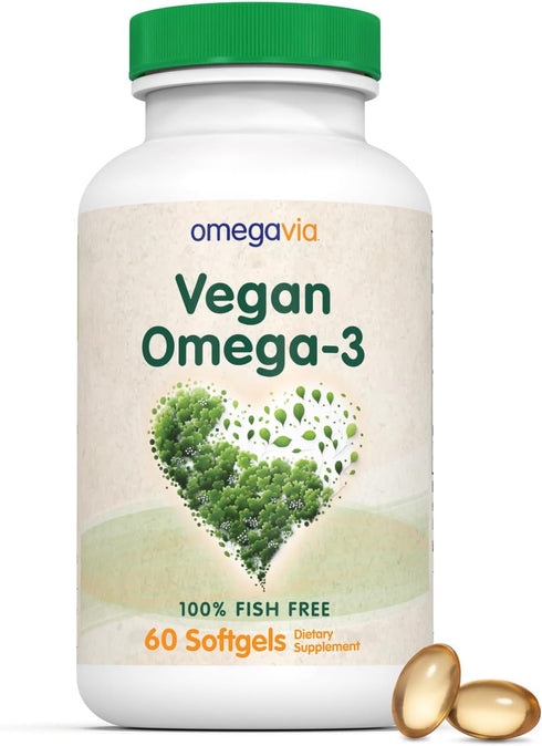 OmegaVia Vegan Omega 3 Supplement, 60 Softgels, 300mg Vegan DHA Omega-3 Fatty Acids, Plant Based, IFOS 5 Star Tested