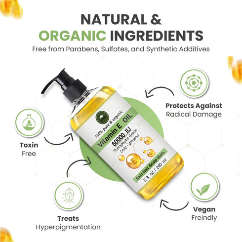 SAHAK, Natural Vitamin E Oil |100% Pure, Cold-Pressed, 60000 IU, Organic, Hexane Free & Non-GMO, Vitamin E Oil for Hair, Scalp, Skin and Body, Men and Women-240 ml (8 oz),