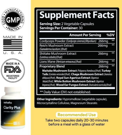 Packed 10 60 Count 30 Clarity Plus Cognitive Wellness Supplement | with Powerful Adaptogenic Mushrooms | Clear Brain