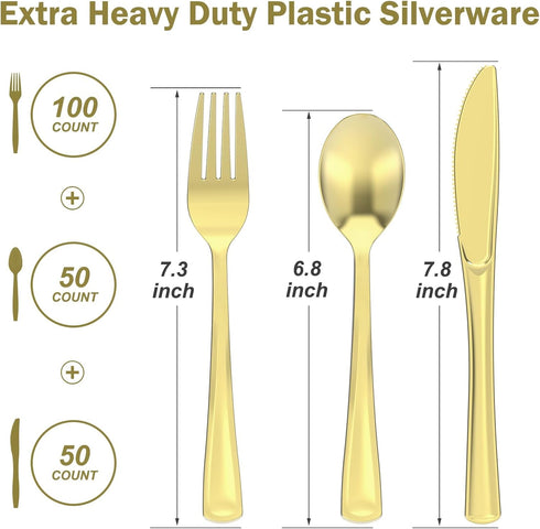 200 Count Heavy Duty Gold Plastic Silverware, 100 Forks, 50 Spoons, 50 Knives, BPA-Free, Heat Resistant, Disposable Gold Plastic Utensils Set, Gold Plastic Cutlery Set, Plasticware Bulk for Party by Dealusy