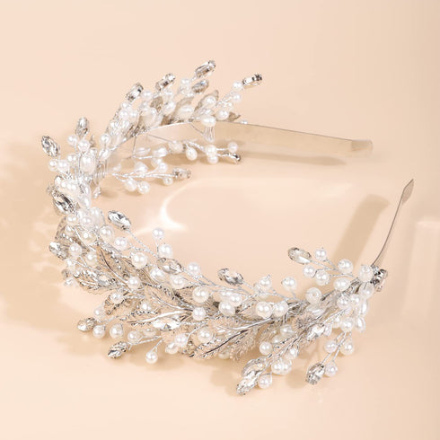 Kercisbeauty Handmade Leaves and Pearls Beaded Silver Hair Tiara for Women Girls Wedding Prom Accessories