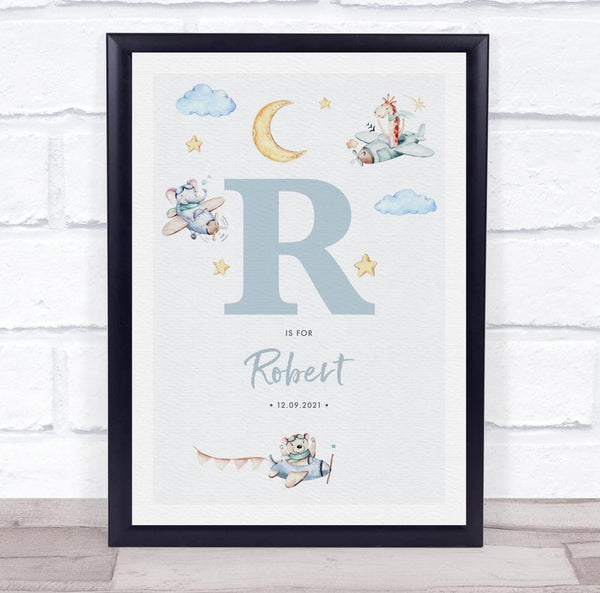 The Card Zoo New Baby Birth Details Nursery Christening Blue Planes Initial R Gift Print