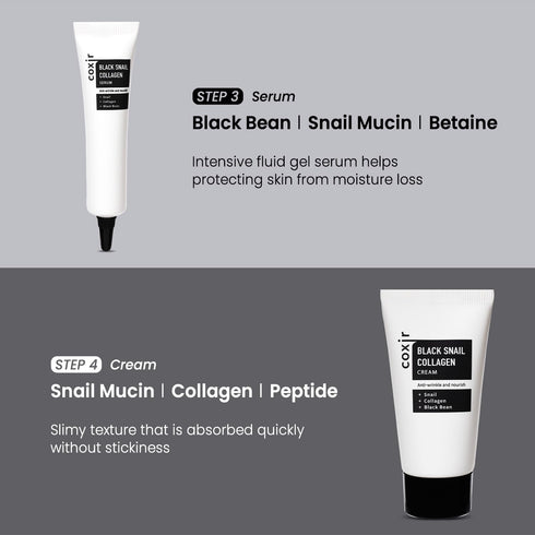 coxir BLACK SNAIL COLLAGEN STARTER KIT | Repairing & Firming with Black Rice, Bean, Snail Mucin, Collagen (3.19 fl.oz)