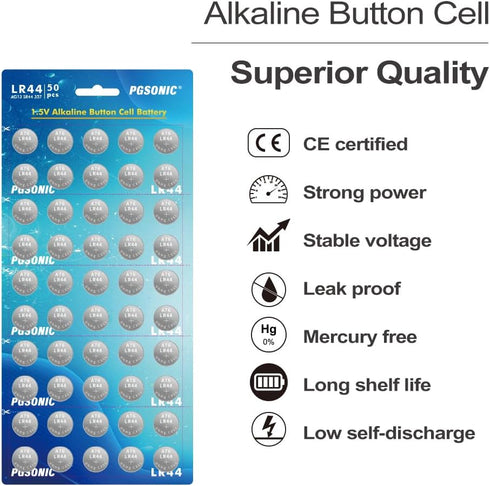 PGSONIC 50 Pack LR44 1.5 Batteries, Volt Alkaline Button Cell Batteries with Long Lasting Power