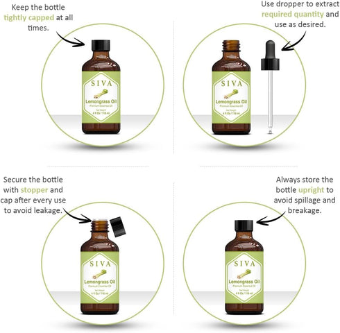 Siva Lemongrass Essential Oil - 4 Fl Oz – Natural Lemongrass Oil - for Diffuser, Face, Skin Care, Aromatherapy, Hair Care, Scalp and Body Massage - with Dropper