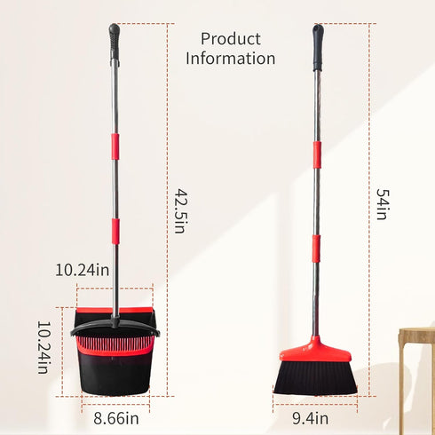 Broom and Dustpan Combo Set, 54" Long Handle Adjustable Stainless Steel Broomstick for Office Home Kitchen Cleaning