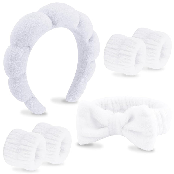 VELSCRUN 6 Pack Spa Headband, Makeup Headband, Face Wash Headband, White Sponge Hair Band Bow Tie for Women