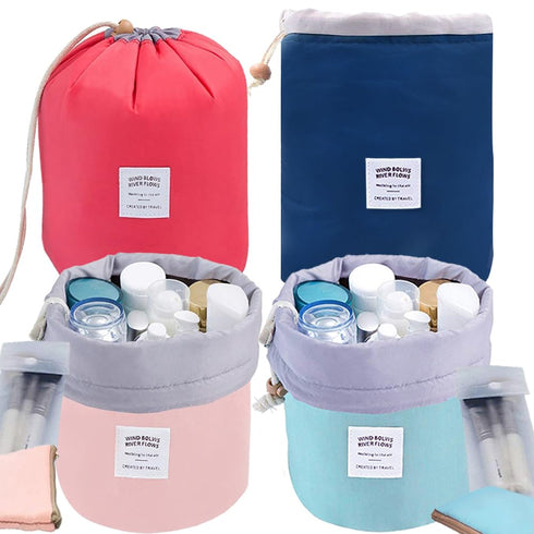 INVODA 4PCS Cosmetic Bag, Barrel Shaped Travel Makeup Bags, Large Capacity Waterproof Drawstring Toiletry Bag