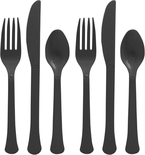 Reusable Jet Black Plastic Cutlery Assortment - Pack of 200 (Forks, Knives,