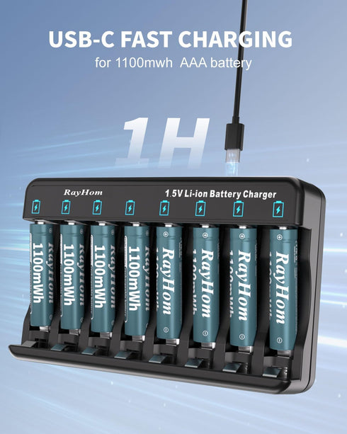 RayHom 8Pack 1.5V 1100 1000+ Rechargeable AAA Lithium Batteries with Charger, Li-ion Triple a Battery, mWh High