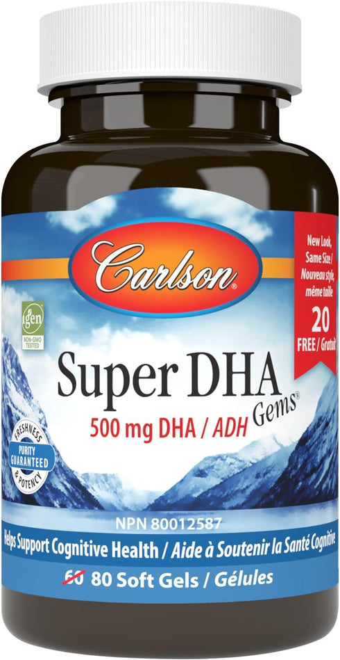 Carlson - Super DHA Gems, 500 mg DHA Supplements, 640 mg Fatty Acids, 60+20 Softgels, Sustainably Sourced