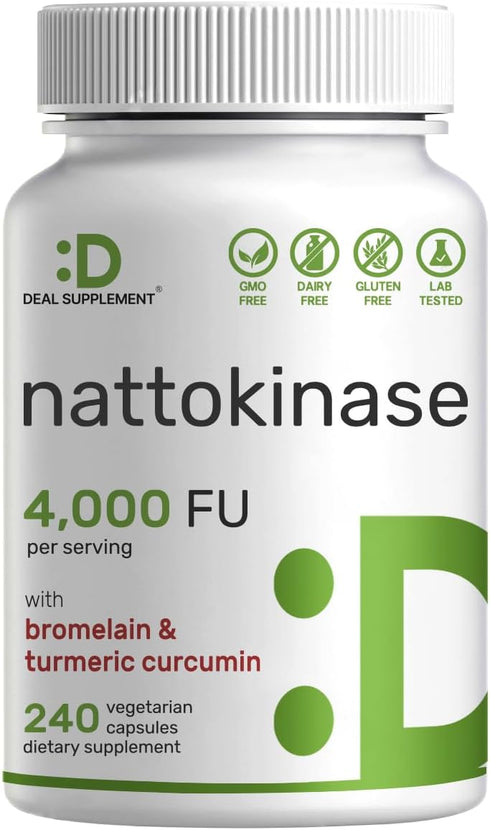 Nattokinase 4,000 FU Per Serving - 240 Veggie Capsules with Bromelain, Turmeric Curcumin & Black Pepper Complex