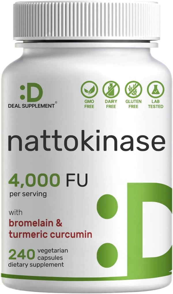 Nattokinase 4,000 FU Per Serving - 240 Veggie Capsules with Bromelain, Turmeric Curcumin & Black Pepper Complex