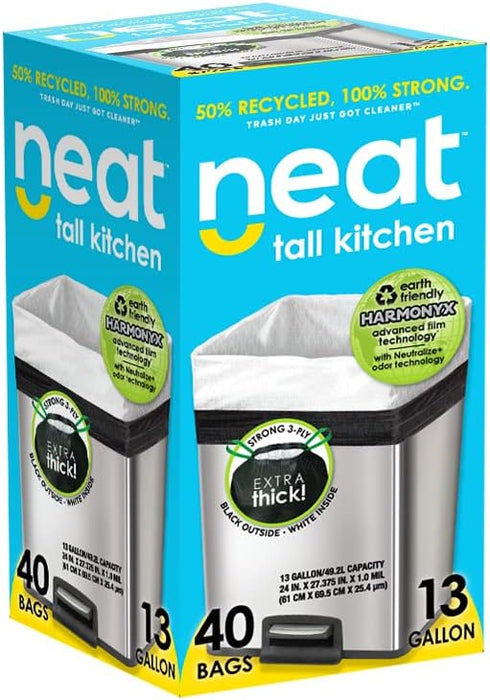 Neat Tall Kitchen 13 Gallon Drawstring Trash Bags - 40 COUNT - Eco-Friendly 50% Recycled Material, Triple Ply, Odor