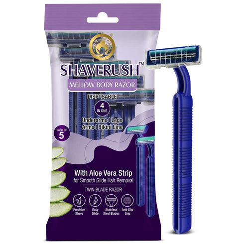 Mom & World ShaveRush Mellow Body Razor, 4 in 1 Stainless Steel Twin Blade with Aloe Vera Strip, Pack of 5