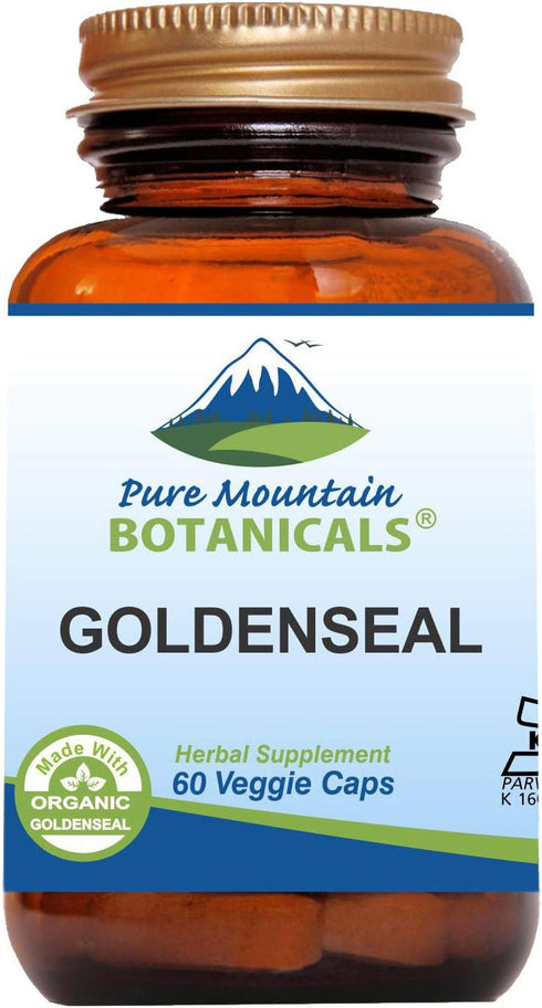 Pure Mountain Botanicals Goldenseal Capsules - 250mg Organic Goldenseal Root, Kosher Vegan, 60 Count