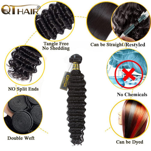 QTHAIR 16A Brazilian Virgin Hair Deep Wave Bundles, 100% Unprocessed Deep Curly Human Hair Weave, Natural Color
