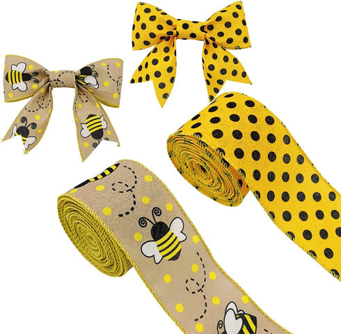 12 Yards Bumble Bee Wired Edge Ribbon, Yellow Craft Ribbons for Floral Hanging Ornaments, Home Decoration