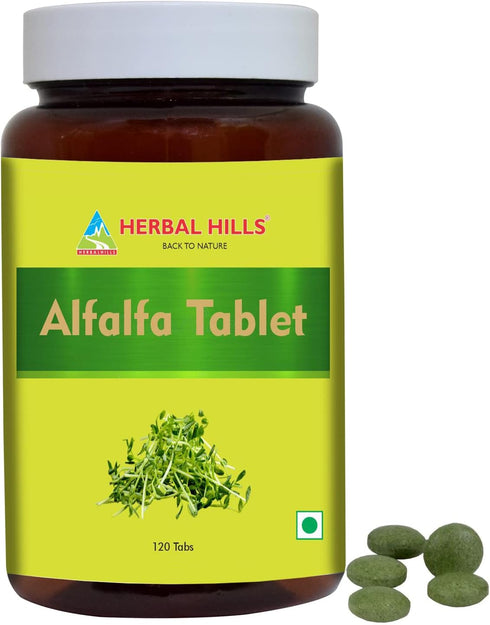 HERBAL HILLS Alfalfa Tablets | 120 Count | Natural Green Superfoods | Source of Vitamin A