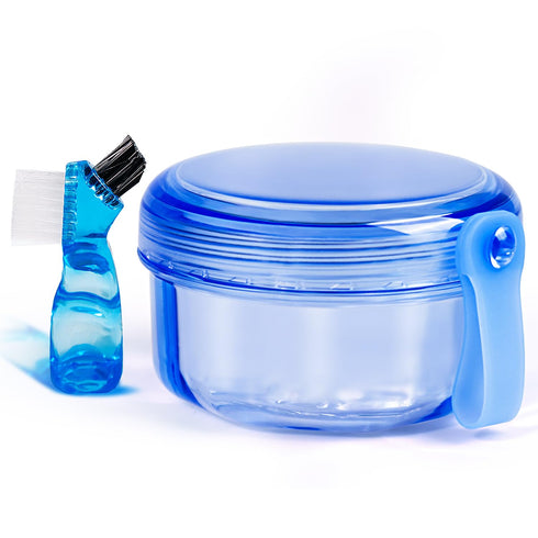 Leak Proof Portable Denture Bath Case, Denture Cleaning Cup, False Teeth Holder, Transparent Blue
