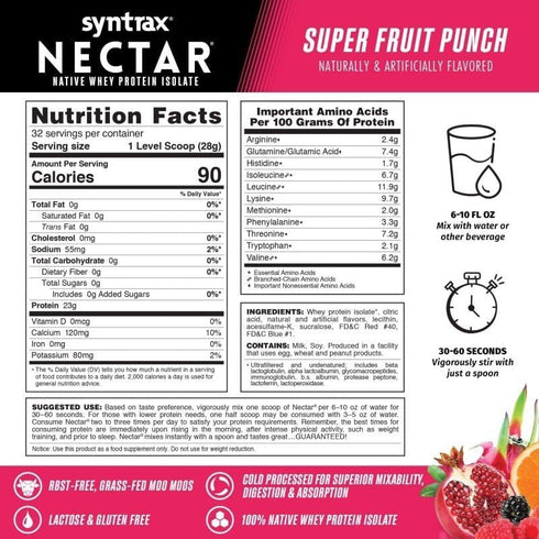 Syntrax Nutrition Nectar 100% Whey Isolate Protein Powder, Super Fruit Punch Flavor, 2 lbs Refreshing Fruit Juice