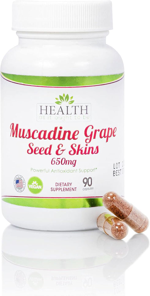 Health As It Ought To Be Muscadine Grape Seed & Skins Supplement, 90 Capsules for Antioxidant Support