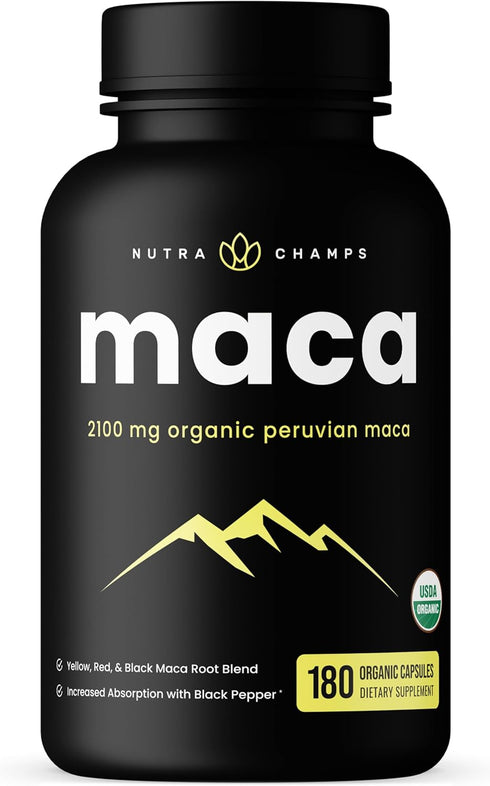 NutraChamps USDA Organic Maca Root Capsules - 2100mg, 180 Capsules, Black, Red & Yellow Peruvian Gelatinized