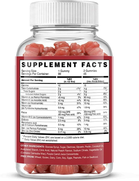 Vegan Iron Gummies Supplement with Vitamin C, A, B-Complex, Folate, Zinc for Adults & Kids - Peach Flavor (90 Ct)
