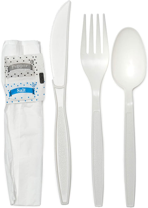 Disposable Individually Wrapped White Plastic Cutlery Kit - Heavy Duty Fork Spoon