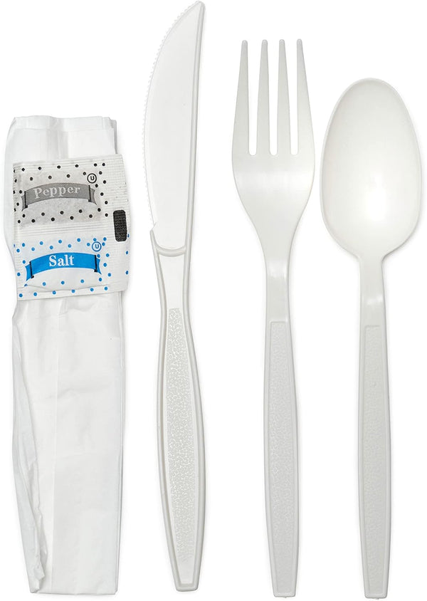 Disposable Individually Wrapped White Plastic Cutlery Kit - Heavy Duty Fork Spoon