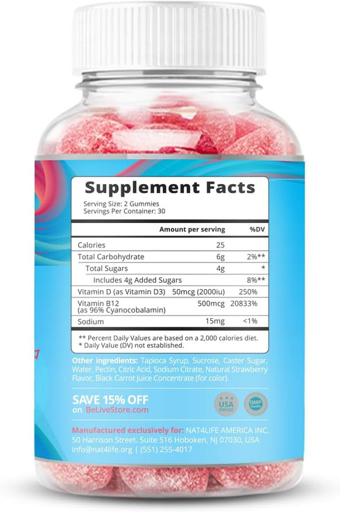 BeLive Vitamin D3 Gummies with B12 - 60 Ct Immune Support, Strawberry Flavor for Bone & Muscle Strength