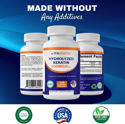 Vitamatic Hydrolyzed Keratin 500mg per Serving, 120 Vegetarian Capsules for Healthy Hair Skin & Nails for Adults