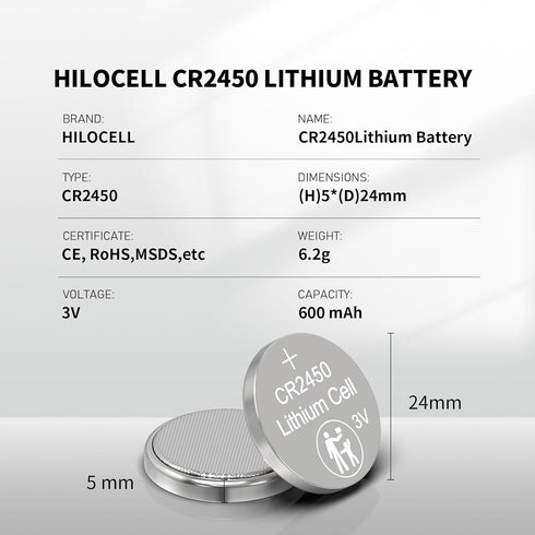 10 Count CR2450 Batteries, Long-lasting 3V Lithium Coin Cell Battery for Key Fobs, Flameless Candles, etc.
