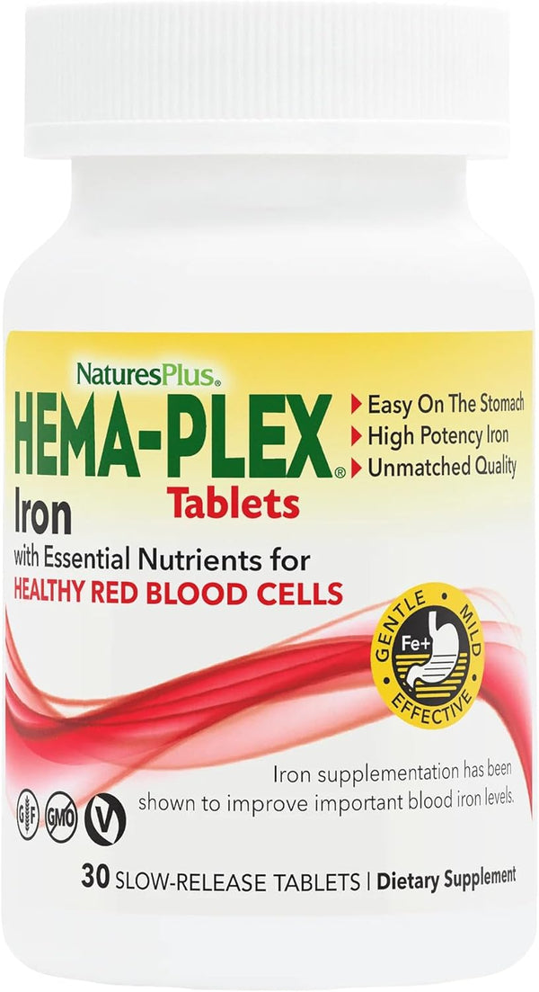 NaturesPlus Hema-Plex Iron - 30 Slow-Release Tablets - 85 mg Chelated Iron with Vitamin C & Bioflavonoids, Non-GMO