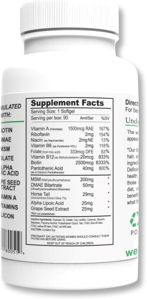 Wellgenix Purvana Hair, Skin, and Nails, One a Day Softgel, 2500mcg Biotin, 90 Count, Anti Aging & Hair Growth