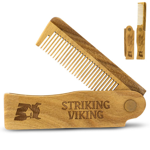 Striking Viking Folding Wooden Comb for Men - Sandalwood Mustache & Beard Grooming Comb