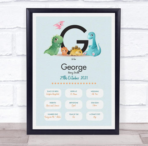 The Card Zoo New Baby Birth Details Christening Nursery Dinosaur Initial G Gift Print